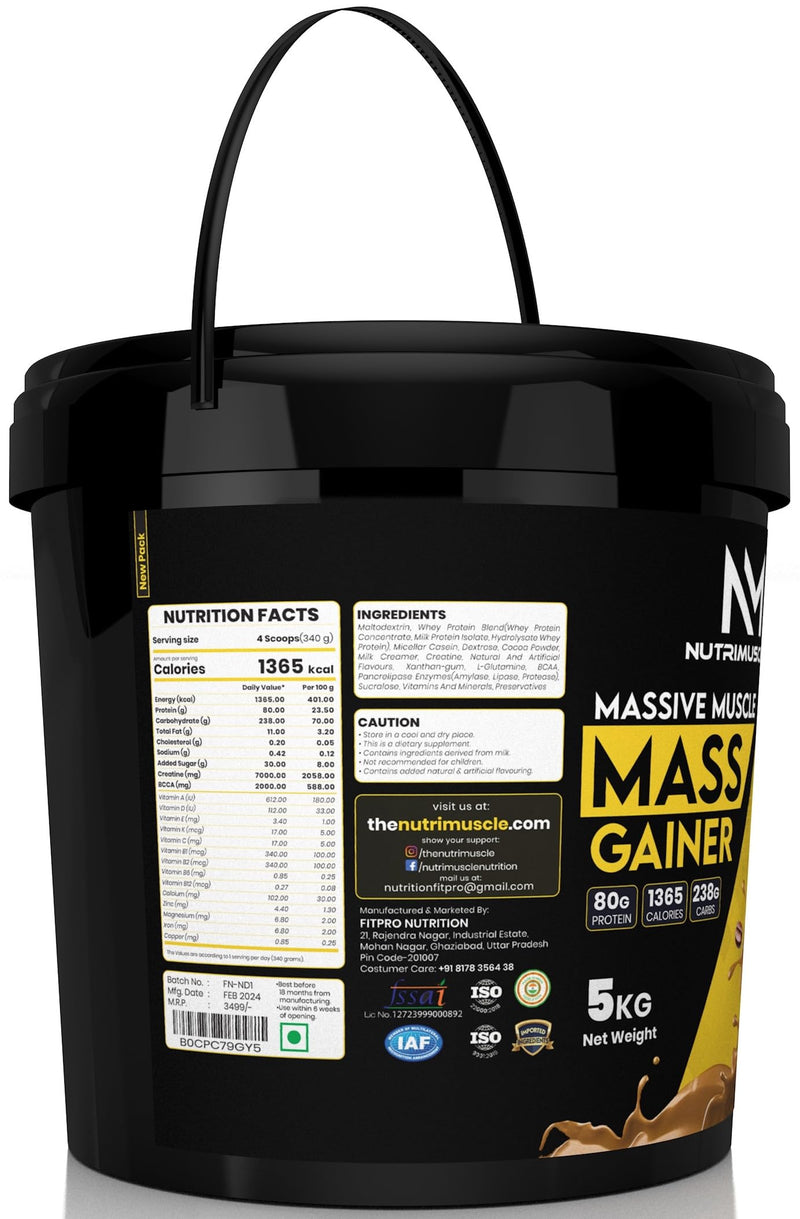 Nutrimuscle Massive Muscle Mass Gainer- 5 kg - COFFEE Flavour for Mass, Muscle, Power & Strength Gain - Contains Complex Carbohydrates, Whey Protein, BCAA , Digestive Enzymes & Essential Vitamins & Minerals - Also Contains Nutrimuscle CREATINE MONOHYDRATE