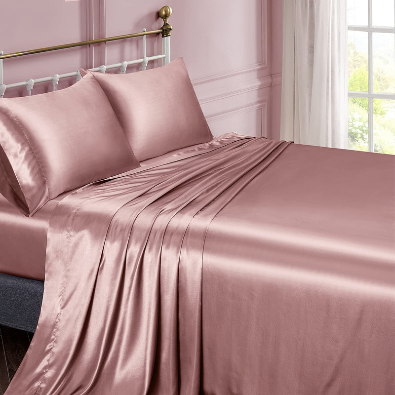 Vonty Satin Sheets Queen Size Silky Soft Satin Bed Sheets Pink Champange Satin Sheet Set, 1 Deep Pocket Fitted Sheet + 1 Flat Sheet + 2 Pillowcases