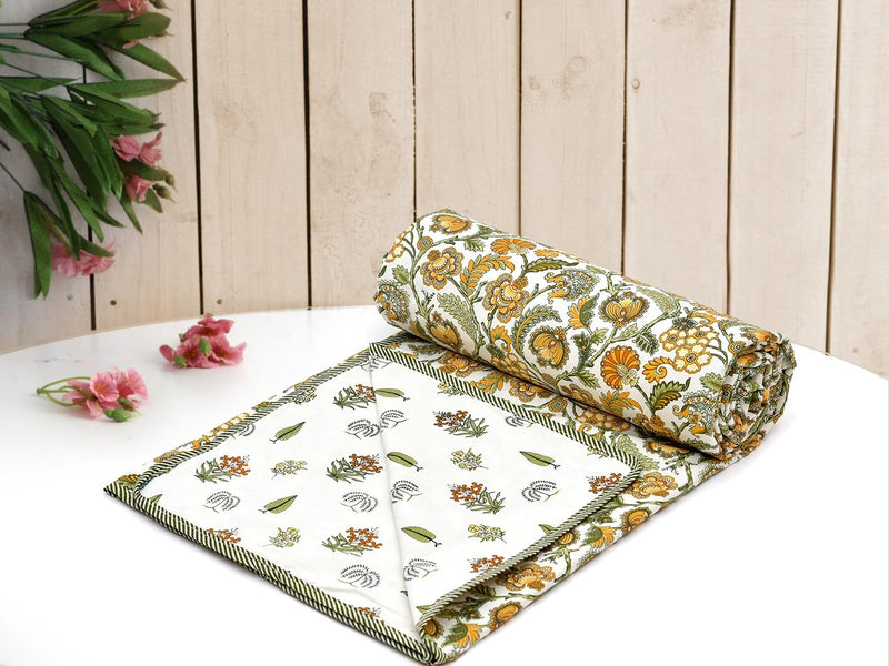 Craftino Cotton Yellow Floral Design Reversible AC Blanket / Dohar (Single)