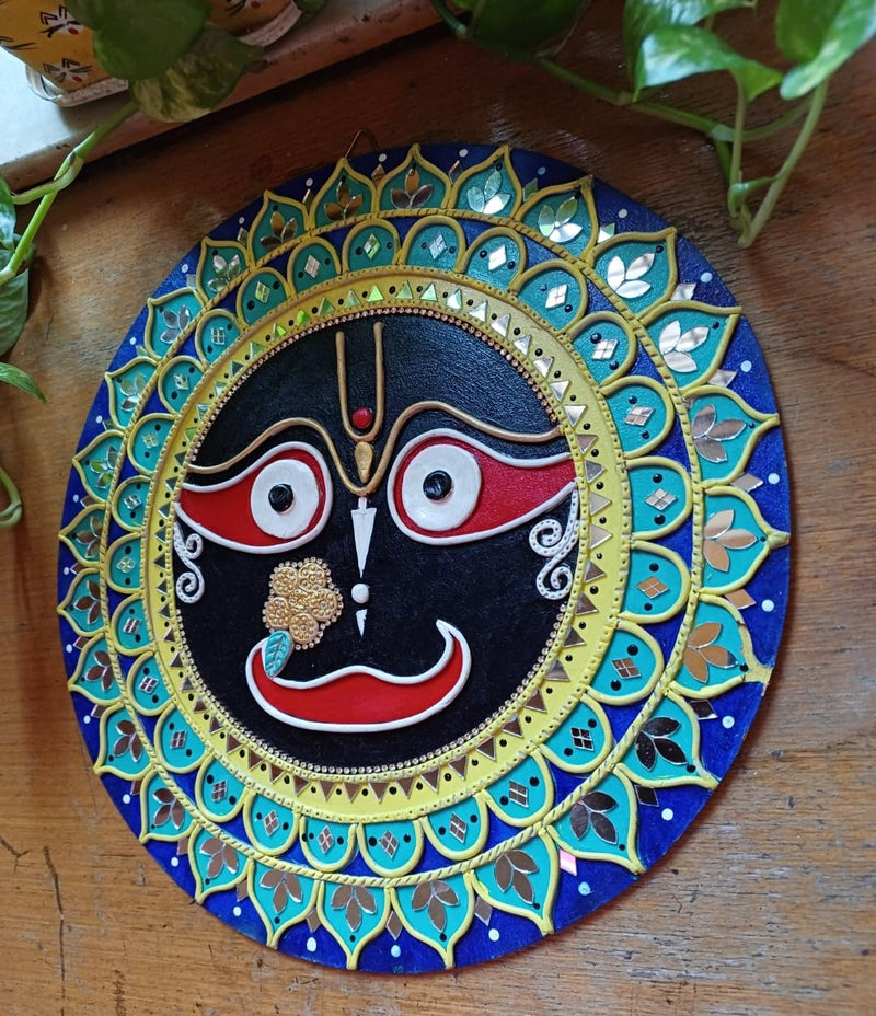 A Majestic Shreenathji Design on MDF Board with Mouldit Clay, Acrylic Paint, Mirrors – 12x12 Decorative Item