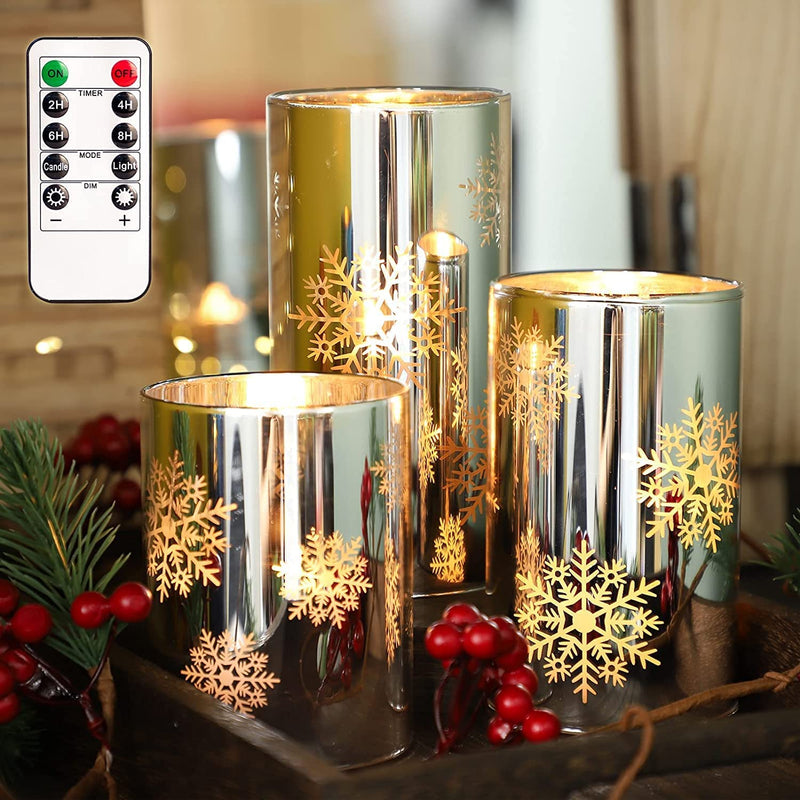 Aaviado® LED Flameless Snowflake Mirror Glass Candles Faux Wick Flickering AA Battery Pillar Candle Set of 3 with Remote Controller 4" 5" 6" for Christmas New Year Home Decor