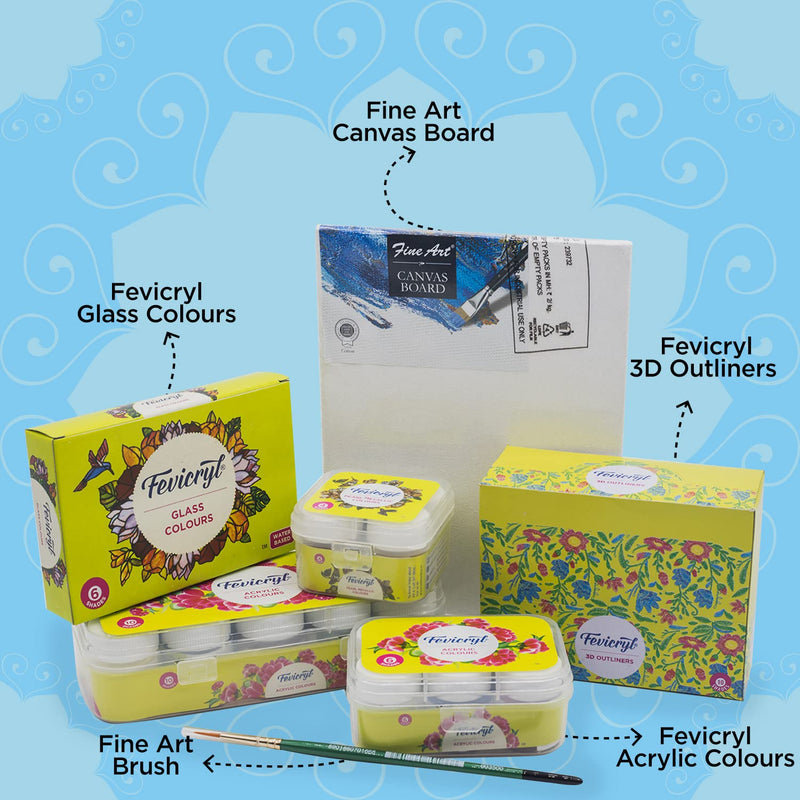 Pidilite Combo kit of Acrylic Colours, Glass Colours 3D Outliners and Fine Art Canvas with Brushes, Gift set for Students, Children, Artists