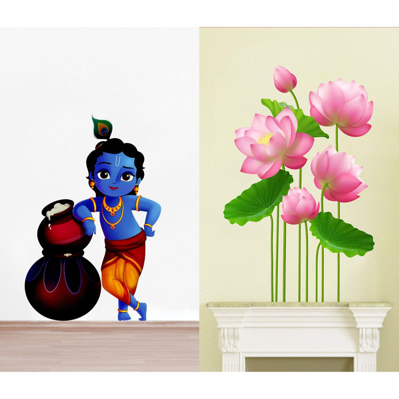 WALLBOOK Set of 2 Wall Stickers Makhanchor | Lotus Flowers for Home, Hall, Bedroom, Livingroom & Kitchen