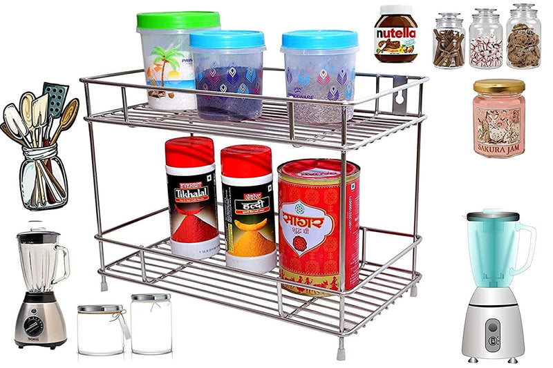 Zepdos Stainless Steel 2-Tier Kitchen Rack & Organizer Spice Rack & Container Organizer, Utensils Dishes Spices Jar Holder Rack & Cup & Glass Holder (2 Layer Rack, Tiered Shelf), Countertop, Tabletop