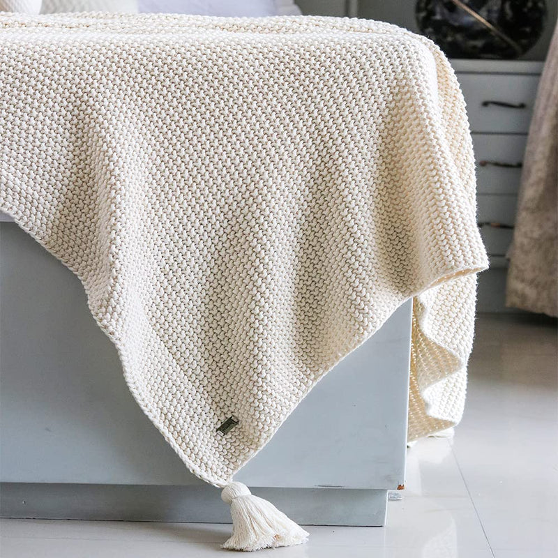 Pluchi Chunky Seed Stitch - Natural Color 100% Cotton Knitted All Season AC Throw Blanket, 125 Cm x 150 Cm