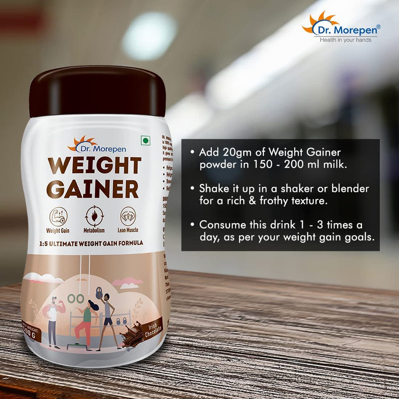 Dr. Morepen Weight Gainer/Gain Weight, Post Workout, 74 G Carbohydrate, 14.5G Protein, Healthy Fats (Irish Chocolate, 500G)|Pack Of 2 - Powder