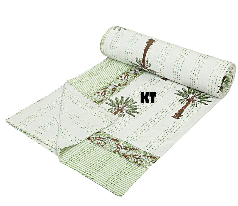 Kirti Textile and Handicraft Palm Tree Hand Block Printed Cotton Kantha Quilt (Multicolour, 90x108 Inch)