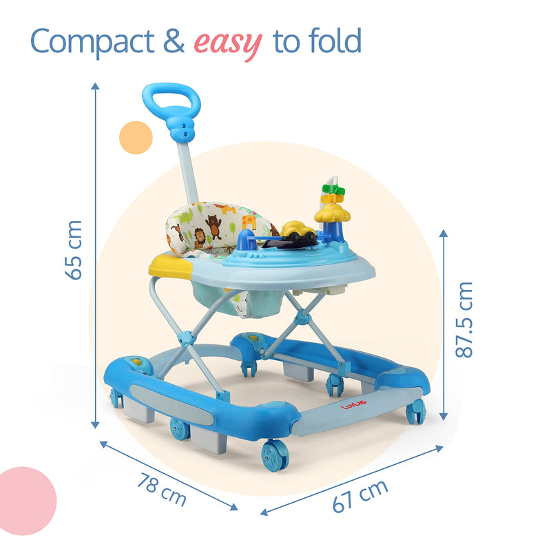 LuvLap Comfy 2-in-1 Baby Walker & Rocker with Parental Push Handle, Anti Fall, Anti Skid Mechanism, Height Adjustable with Light, Rattle & Musical Toys, Cushioned Walker for Baby 6-18months (Blue)