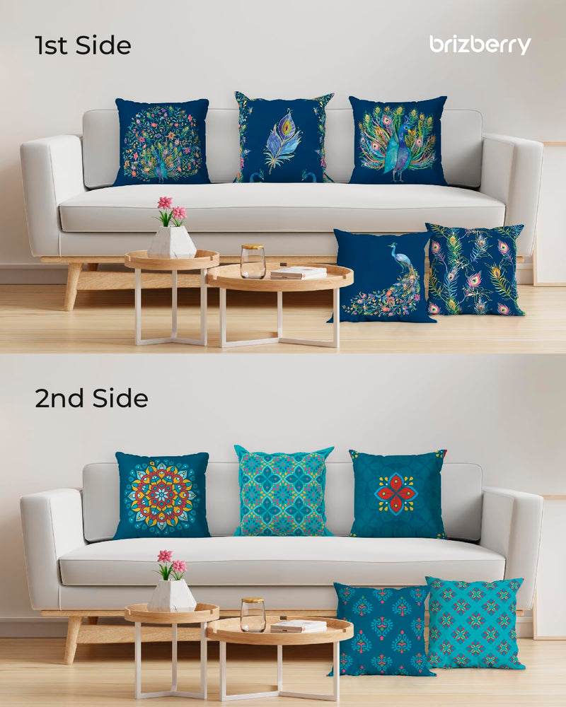 Brizberry® Designer Blue Peacock Ethnic Decorative Premium Poly Cotton Throw Pillow Cushion Covers, Double Both, Set of 5 (16 inch x 16 inch) (Design 42)