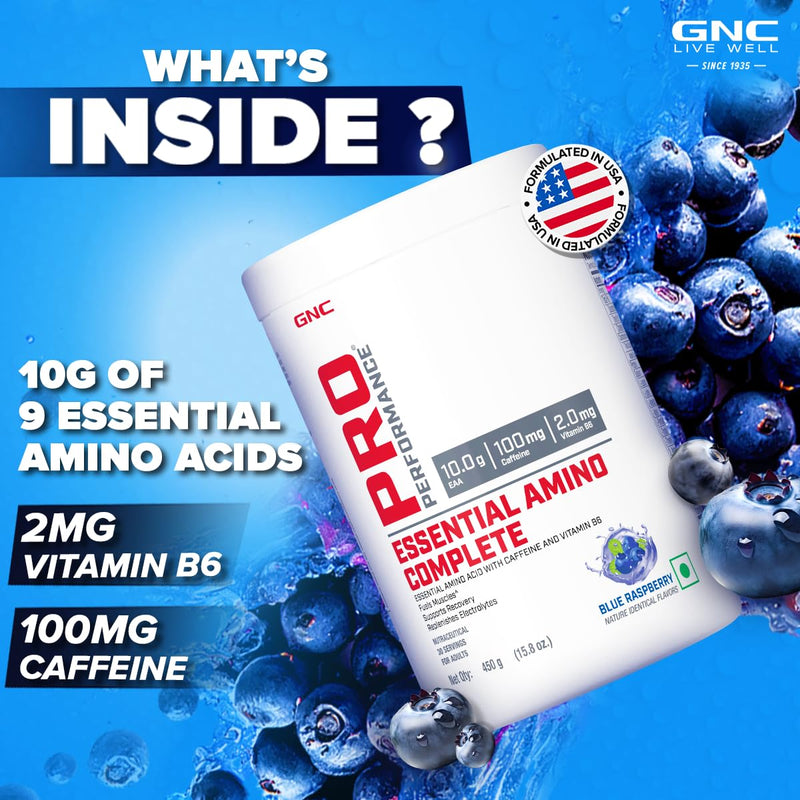 GNC Pro Performance Essential Amino Complete | 450 gm | 30 Servings | Fuels Muscle Growth | Beats Fatigue | Prevents Muscle Cramps | 10g EAA | 100mg Caffeine | 2mg Vitamin B6 | Blue Raspberry