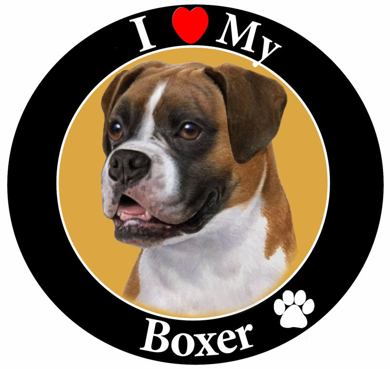 "I Love My Boxer" Car Magnet with Realistic Looking Boxer Photograph in The Center Covered in UV Gloss for Weather and Fading Protection Circle Shaped Magnet Measures 5.25 inches Diameter