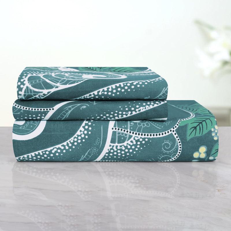 Cloth Fusion 150 GSM Glace Cotton King Size Bedsheet for Double Bed with 2 Pillow Covers (Teal Paisley)