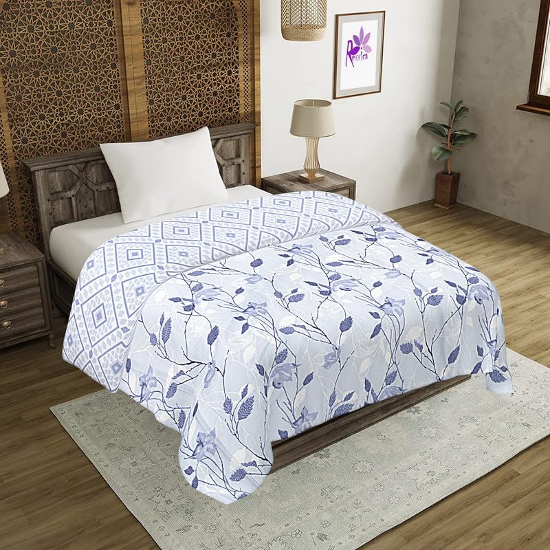 Rexxica Floral Printed Three Layer Cotton Blanket for Summer/Cotton dohar for Single Bed/ac Quilts for Summer (Size L*W 210 * 140 cm, Blue Haze)