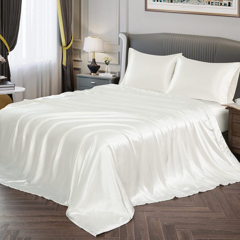 Vonty Satin Sheets California King Silky Soft Satin Bed Sheets Ivory White Satin Sheet Set, 1 Deep Pocket + 1 Fitted Sheet + 1 Flat Sheet + 2 Pillowcases