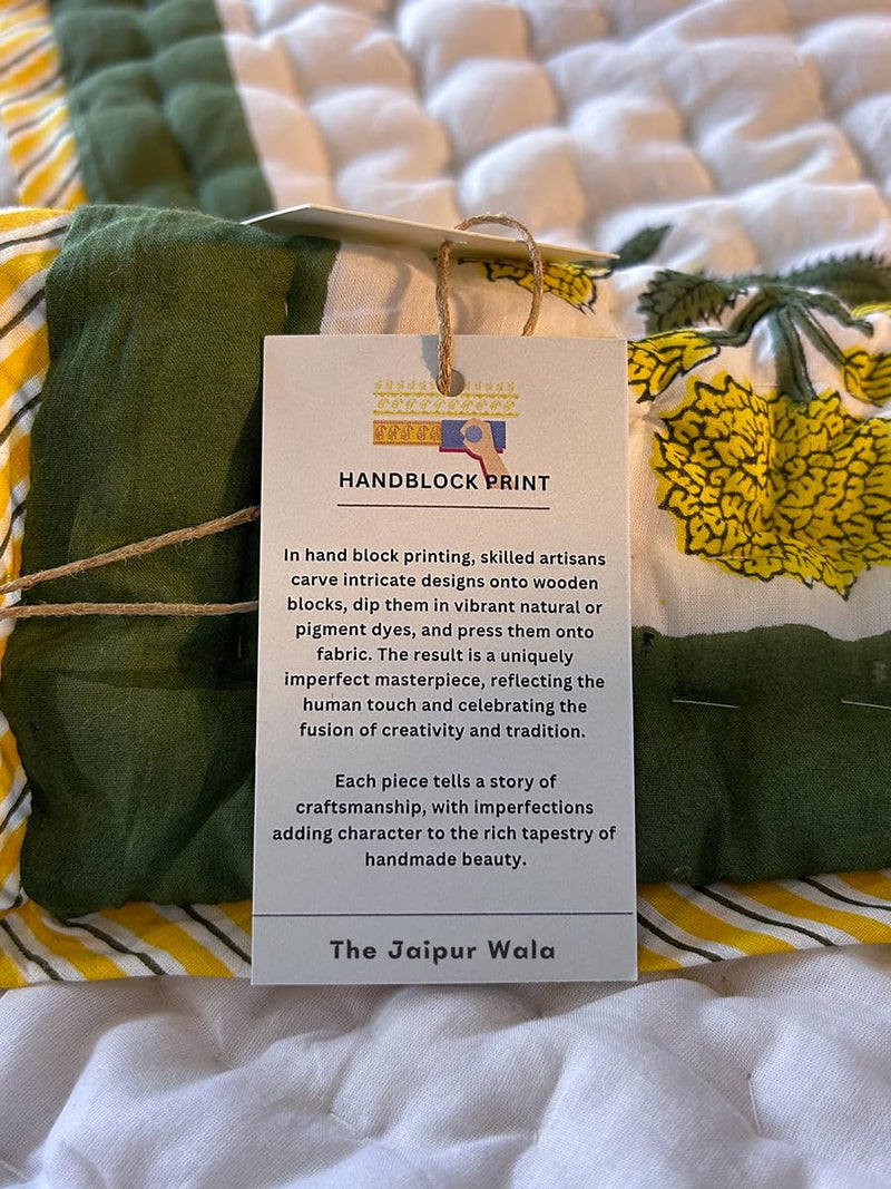 THE JAIPUR WALA Premium Hand Printed Mulmul Cotton Quilt, Double/King (Yellow Marigold)