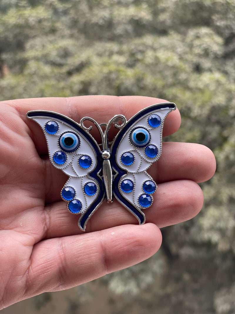 BLUE BEADS Silver Butterfly Turkish Evil Eye Fridge Refrigerator Sticker Magnet - Sign of Good Luck & Protection Unique Souvenir Items Home and Office Decorative Things & Car Accessories