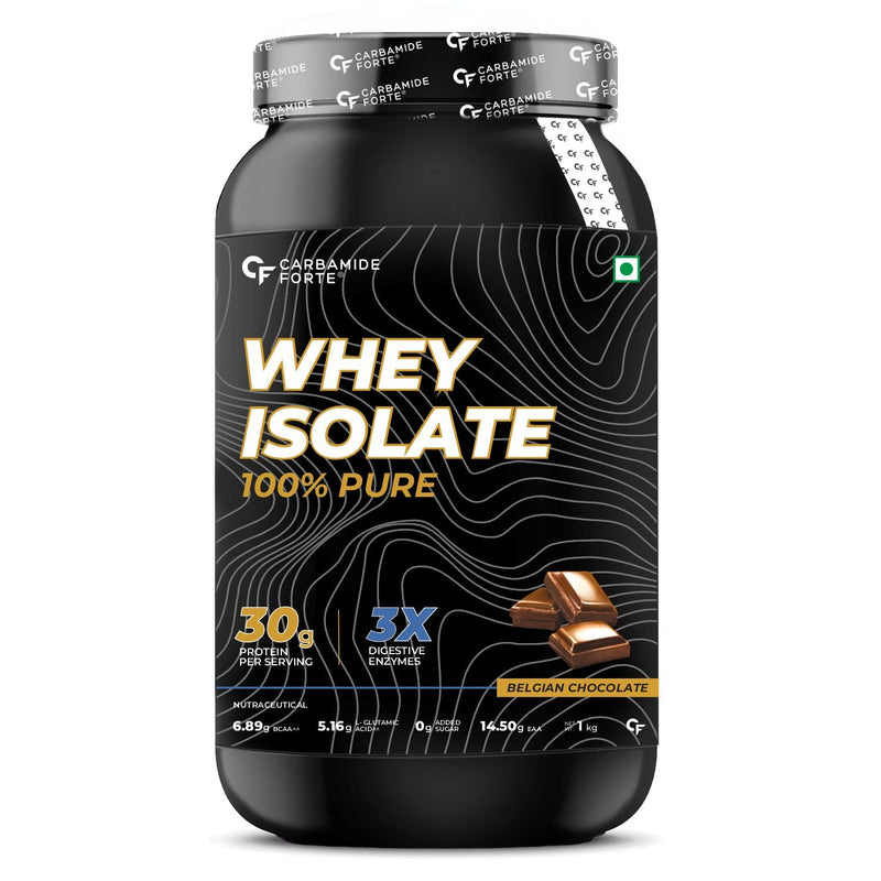 Carbamide Forte Whey Protein Powder Isolate | 100% Pure Protein Powder for Men | 30g Protein per serving with Isolate Whey Protein | 3X digestive Enzymes | 6.89g BCAA | 14.50g EAA | 0g added sugar | Belgian Chocolate Flavour - 1Kg