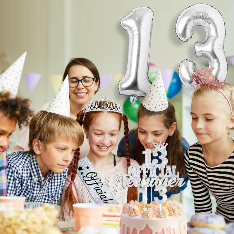 13th Birthday Decorations for Girls with Official Teenager Sash and Crown, 13th Birthday Cake Topper and Number 13 Candles, 13th Birthday Balloons, Silver Sweet 13 Birthday Gifts