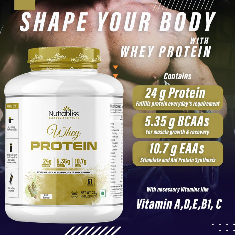 Nutrabliss Premium Pure Whey Protein Concentrated blended with digestive enzymes and probiotics | 100% tested and guaranteed Whey Protein - 24 Gram Protein per serving (Kulfi, 2 Kg)