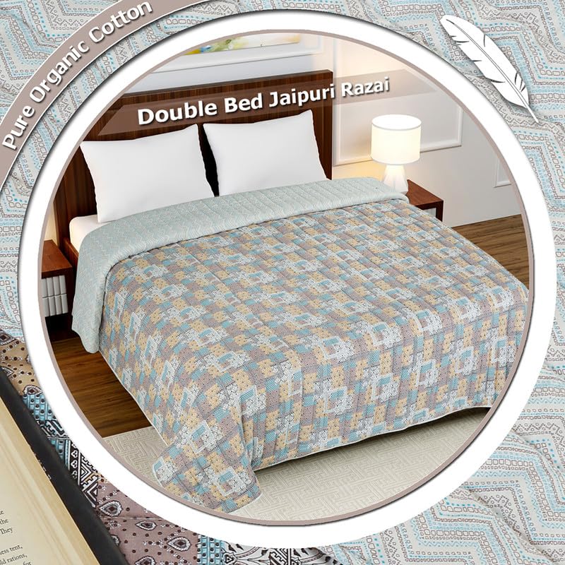 BSB HOME Famous Jaipuri Beautiful Traditional Print in Multicolour Jaipuri Rajai/Razai/Quilt Double/King Bed Quilt/Comforter/Ac Quilt/Ac Comforter, Cotton, Lightweight Pack of 1, 400 GSM