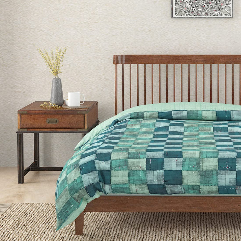 Fabindia Teal Symphony Cotton Quilt Embroidered -Double