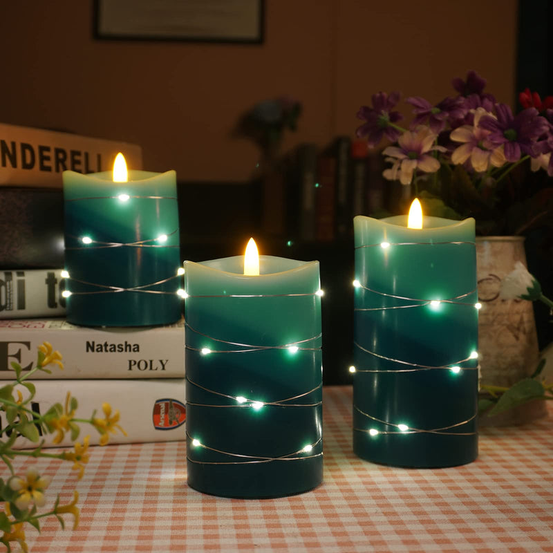 Xinhidar Flameless Candle is Rechargeable, Equipped with Embedded String Lights, 3 LED Candles, 11 Key Remote Control, 24-Hour Timer Function, pulsating Flame, Real Wax. (Ocean Blue)