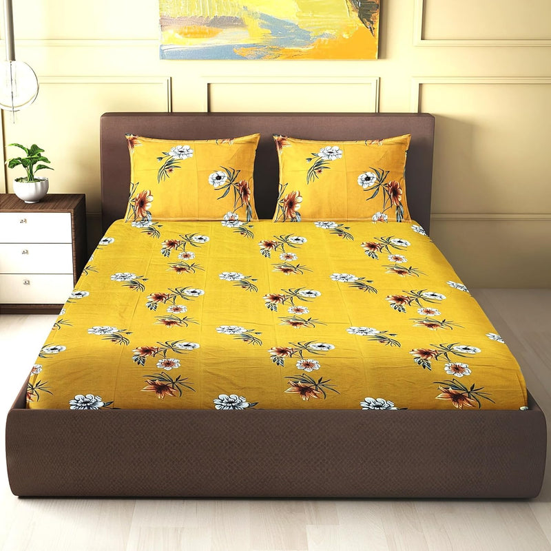 GreenElephant Floral Print Bedsheet for Double Size Bed, 90 x 100 Inches, Cotton Blend, 210 Thread Count Flat Sheet, Included 2 Pillow Covers, Yellow