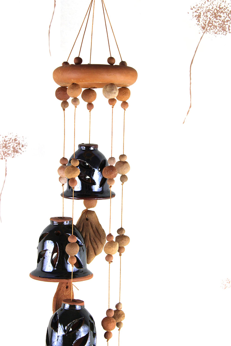 Terracotta Ceramic Coated Black Wind Chime (Five Bells) Ring Design Handmade Craft with Great Melodious Sound Bells