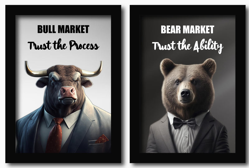 AR Creative Bull Market And Bear Market- Share Trading Motivational Quote Framed Wall Poster, Share Market, Stock Market, Home, Office Decor (13.6 inch x 10.2 inch) Set of 2