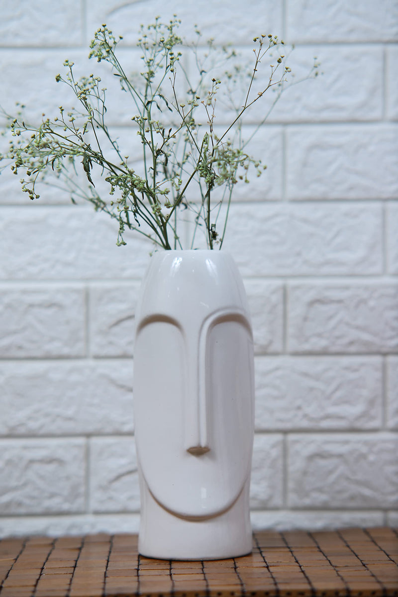 Cheeni Maati 10 Inch Ceramic Abstract Face Vase - Gloss Finish in Timeless White, Perfect for Stunning Floral Arrangements and Unique Home Styling