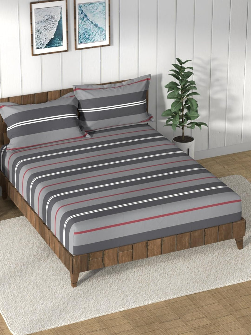 Nautica Super Soft 100% Cotton King Bedsheet and 2 Pillow Covers -3pc Set (Bristol) Stripe-Grey