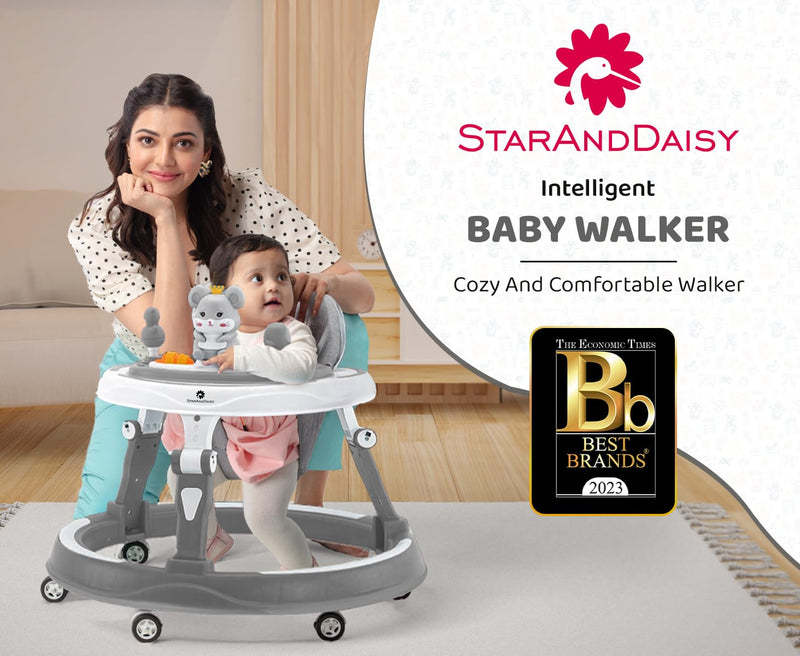 StarAndDaisy 360° Baby Walker Adjustable Height, Multi-Function Anti-Rollover Folding Walker with Height Adjustable 6-24 Months Baby Walker with Recreational Toy bar (Grey)