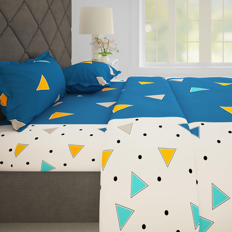 Story@Home Cotton Bedsheet for Double Bed - Pure Cotton Bedding for Double Bed, Queen Size with 2 Pillow Covers, Geometric Design White and Blue