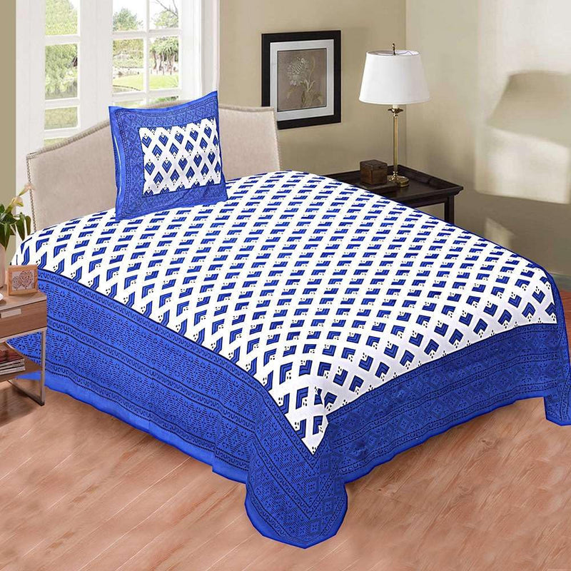 104 Tc Pure Cotton Single BedSheet with Two Pillow Covers | 60 X 90 Inches | EXLSG-109 | Blue