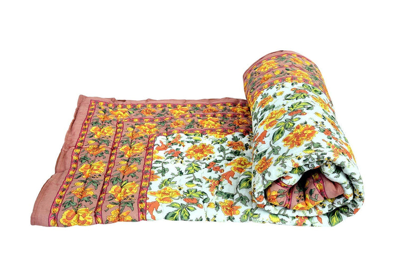 J SHREE Pure Cotton Jaipuri Razai Traditional Sanganeri Print Light Weight razai Single Bed Quilt/Blanket - 85 x Inch X 55 Inch, Multi-Color, (Orange mugal, Single)