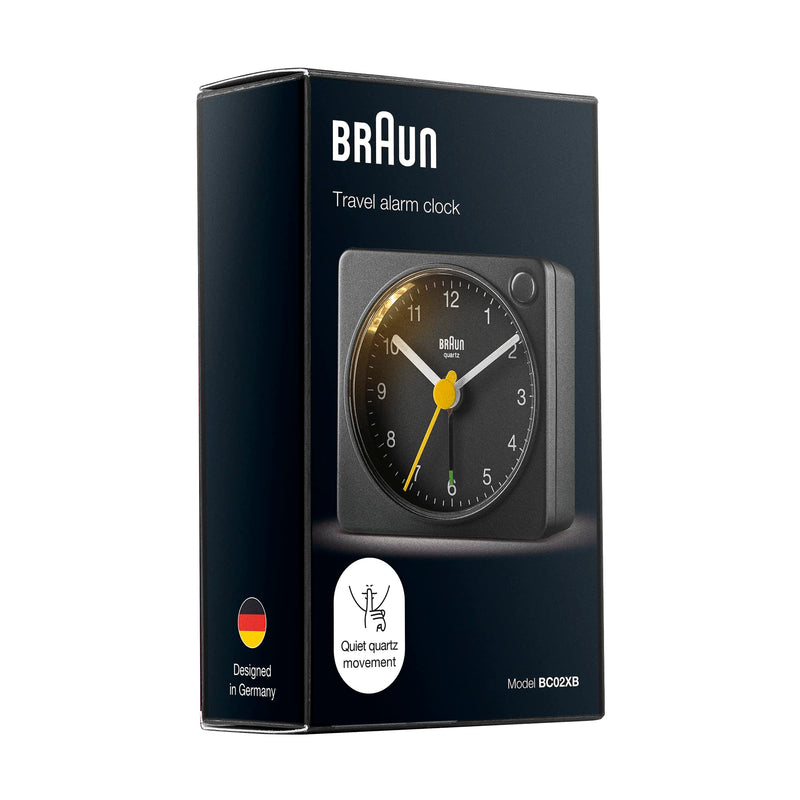 Braun Classic Travel Analogue Clock with Snooze and Light, Compact Size, Quiet Quartz Movement, Crescendo Beep Alarm in Black, Model BC02XB, One