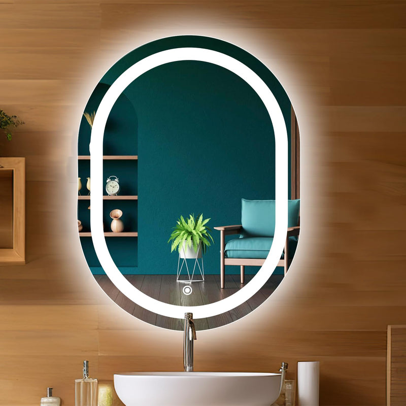 Sunsyze Capsule LED Bathroom Mirror with 3 Lighting Options (Warm, White, Natural White) - Stylish Illumination for Your House & Office 18x24 (Mirror with Light)