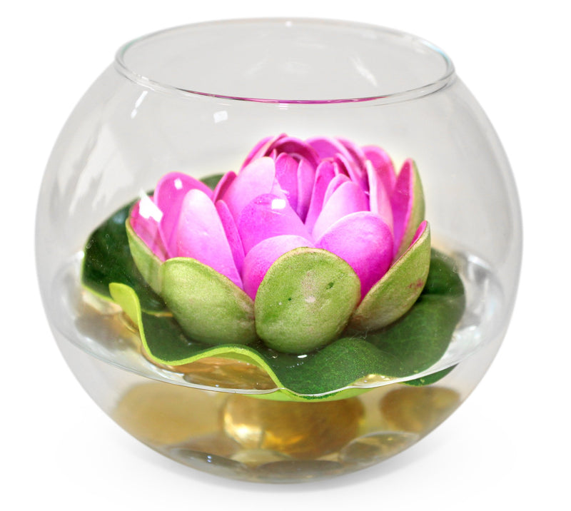 Tied Ribbons Glass Round Vessel with Faux Lotus and Natural Stones (12.49 cm x 12.49 cm x 12.49 cm), Multicolour