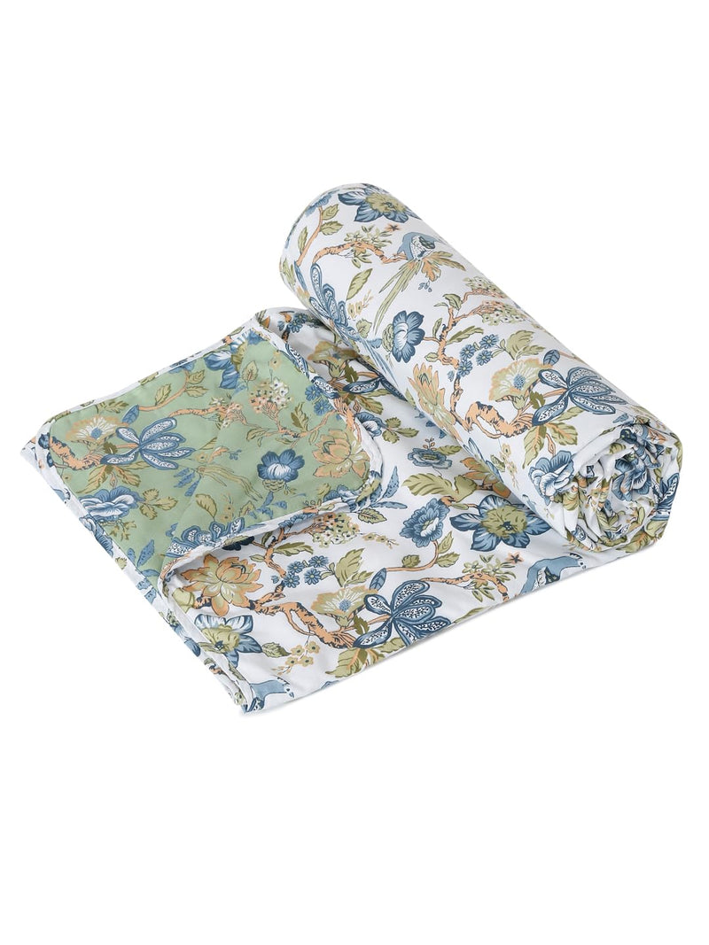 Rajasthan Décor Elegant Green Floral Printed 120 GSM Reversible Cotton Single Bed AC Dohar - Soft and Cozy Lightweight Blanket for All Seasons