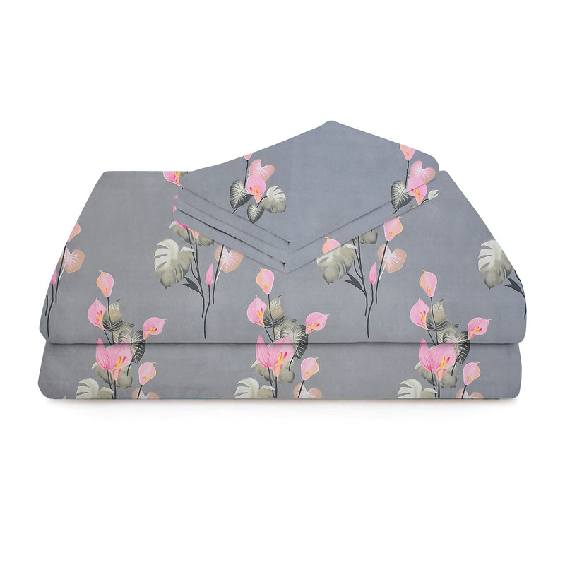 BSB HOME 100% Cotton Feel 160 TC Big Flower Printed Double Bedsheets with 2 King Size Pillow Cover, (90X90 Inches, 7x7.5 Feet, Pink & Grey Flower), 160tc, Under 200 tc