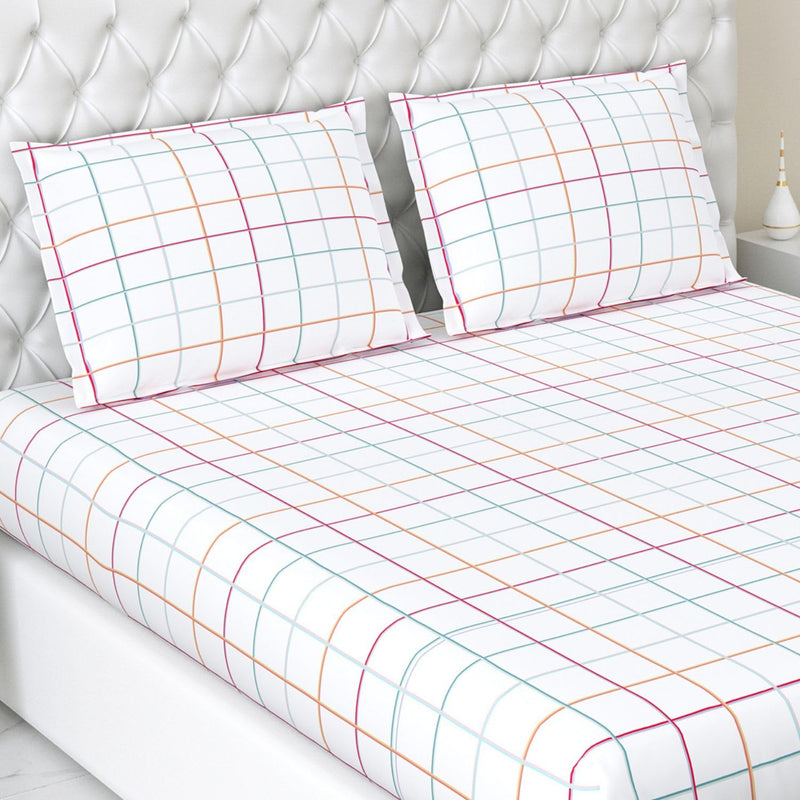 Haus & Kinder Bedsheet for Double Bed, Elastic Fitted King Size | 186 TC 1 Fitted Elastic Bed Sheet for King Size Bed and 2 Pillow Covers (72 X 78 Inches + 13 Inches Deep Pocket) | Rainbow Checks