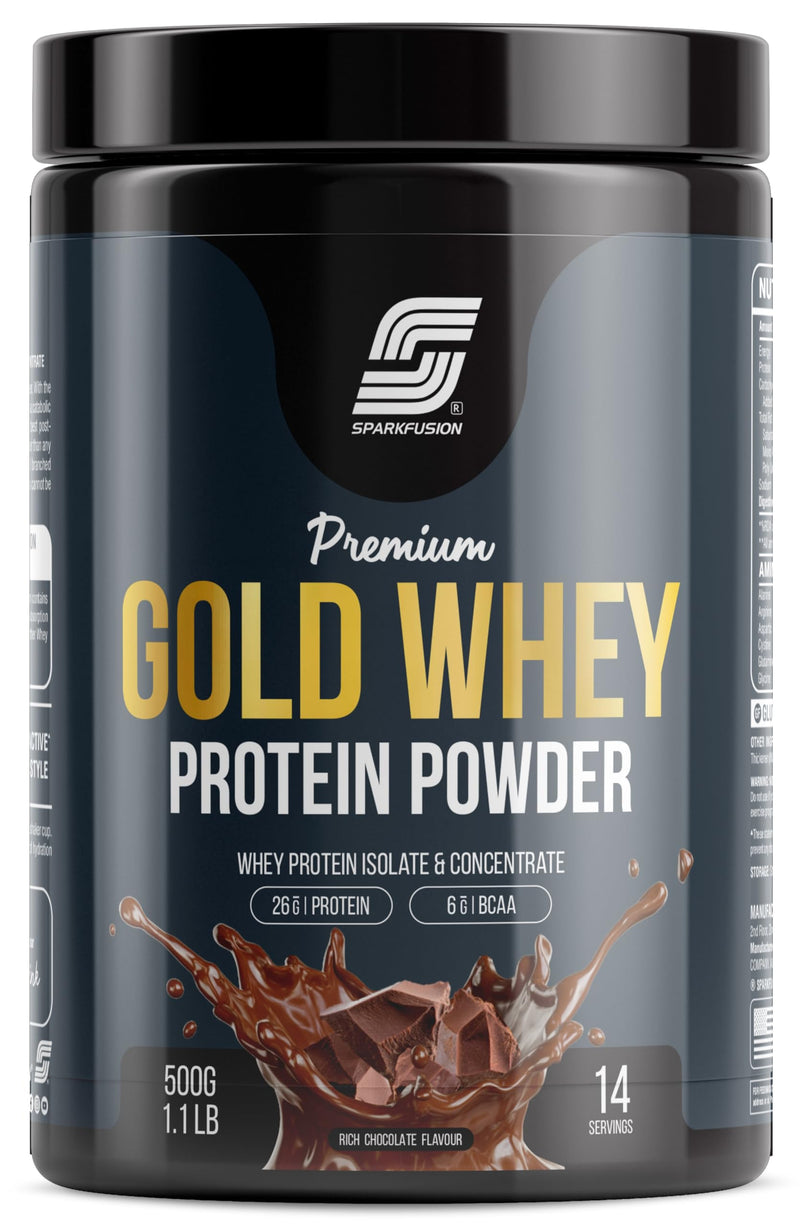 Sparkfusion Premium Gold Whey Protein Isolate | 26g Protein,6g BCAA per Serving | Easy Mixing, Low Carbs, Easy Digesting | For Muscle Building & Recovery (Rich Chocolate, 500 g (Pack of 1))