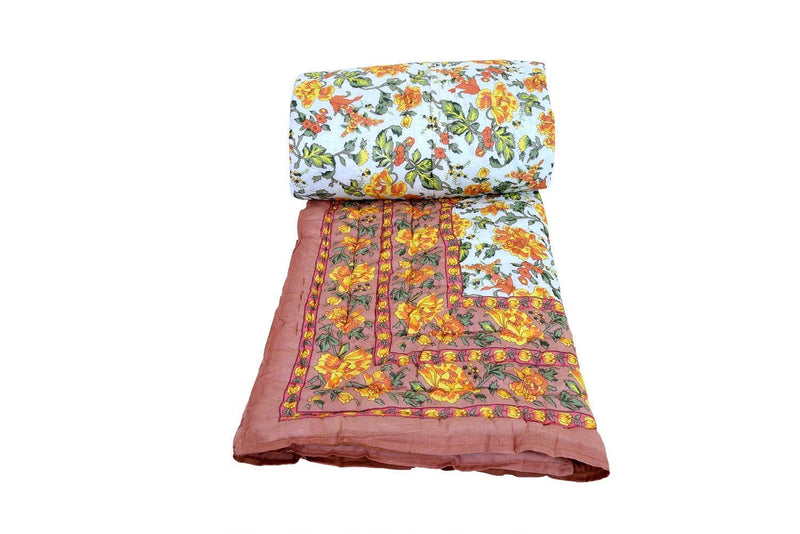 HOPEE Shop Jaipuri Razai Soft Light Weight Original Pure Cotton Winter and Summer Rajasthani Traditional Jaipuri Ac Quilt Single Bed, Set of 2 (Garden Flower Beige and Pink)