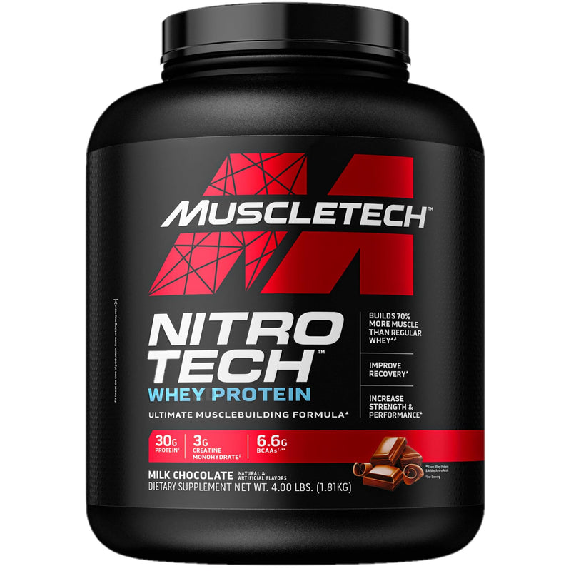 MuscleTech Nitro-Tech Whey Protein, 1.81kg (4lbs), Milk Chocolate, 30g Protein, 3g creatine monohydrate, 6.7g BCAA, ultimate muscle building formula, increase strength & performance