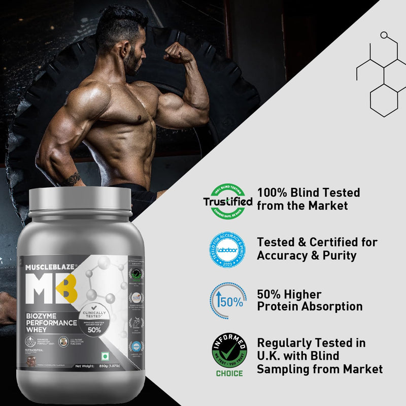 MuscleBlaze Biozyme Performance Whey Protein (Triple Chocolate, 850 g / 1.8 lb) | Clinically Tested 50% Higher Protein Absorption | Informed Choice UK, Labdoor USA Certified & US Patent Filed EAF®