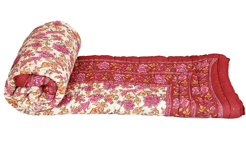 Hopee Shop- 210 TC Jaipuri Traditional Hand Block with Floral Printed Cotton Soft Single Bed Rajasthani Reversible Quilt (Queen, Off White Green)