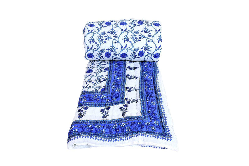 House of Karigar Rajasthani Handmade Floral Printed Soft Cotton Single Bed Razai/Rajai Reversible Jaipuri Quilts (Blue and White, Single Bed - 55x85 inches)