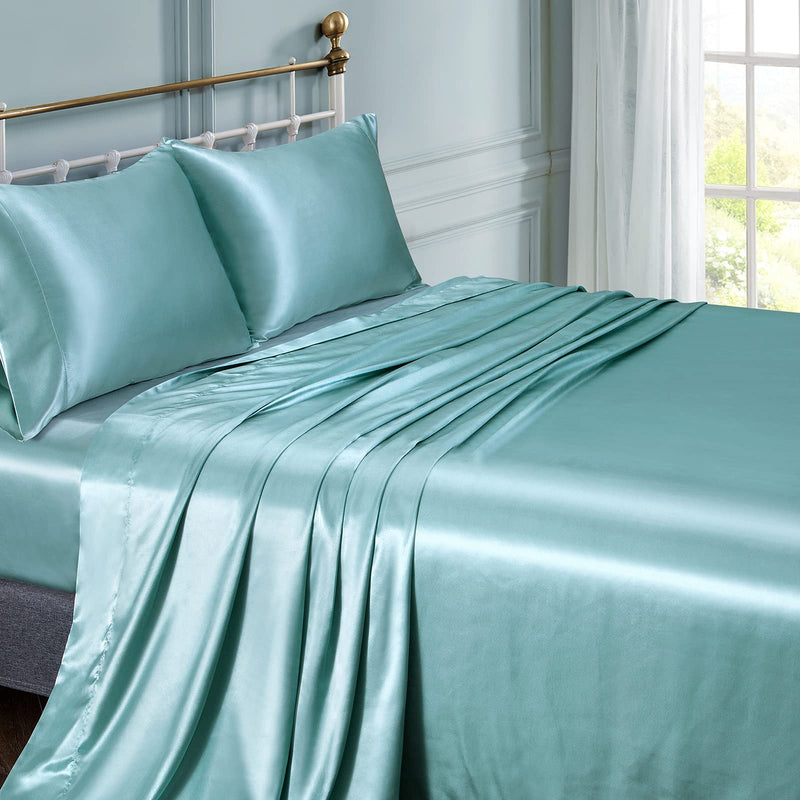 Vonty Satin Sheets Queen Size Silky Soft Satin Bed Sheets Aqua Satin Sheet Set, 1 Deep Pocket + Fitted Sheet + Flat Sheet + 2 Pillowcases