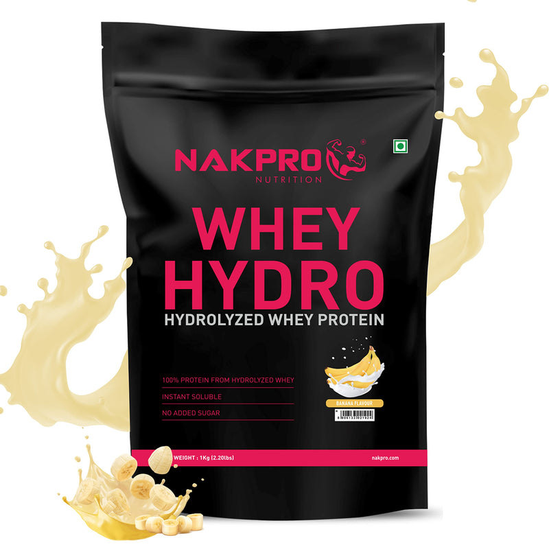 NAKPRO HYDRO Whey Protein Hydrolyzed | 24.89g Protein, 5.45g BCAA | Easy Mixing, Low Carbs, Easy Digesting Whey Protein Supplement Powder for Men, Women & Athletes | 1 Kg (Banana)