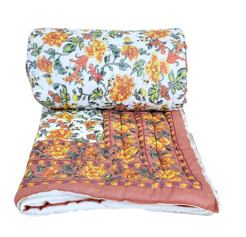 AQRATE Rajasthani Traditional Light Weight Pure Cotton Floral Print Single Bed Soft Jaipuri AC Quilt (Orange, 85X55 inch)